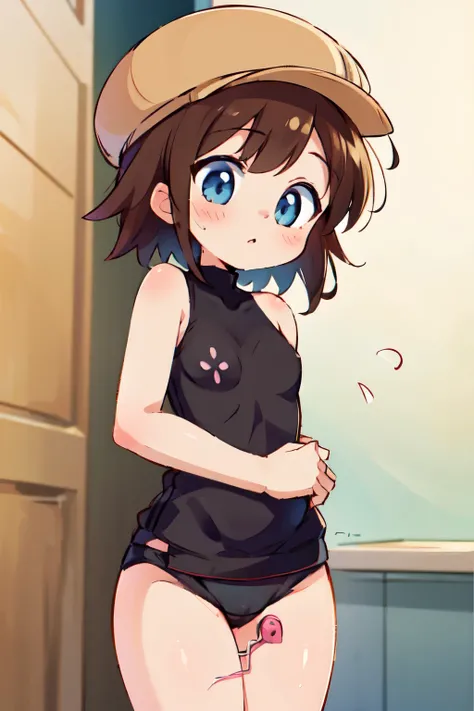 Helga Haruka,  blue eyes, Brown Hair,  short hair, Brown hat,  black sweater ,  sleeveless turtleneck,  check skirt,   white panties，vibrator in highlights , 1 girl,  Love Hotel 