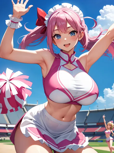  wears a nurse cap on her head 、Long arms and legs wearing revealing maid clothes 、A scene where a beautiful female cheerleader with a slender physique but very huge breasts cheers cheerfully。Sexy 。Bright blue sky spreads out in the background、 the cheerle...