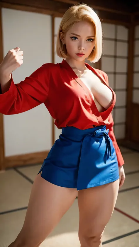 Android 18, redhead,  A woman  ,  short blonde hair and bangs,  expressive blue eyes , mini skirt,  a red Chinese martial arts blouse , pecho pequeño,  Not fit for work ,   big ass,  thick thighs,  wide hips , Desde atrás