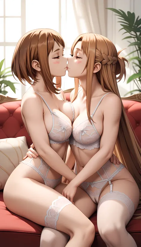 Ochaco Uraraka (My Hero Academia), Yuuki Asuna (sword art online) with blonde hair, sexy lingerie, (two girls, one image), cameltoe, dazzling light, Big Breasts, A composition that captures the whole body, （ soft natural light ）, natural light creates shad...