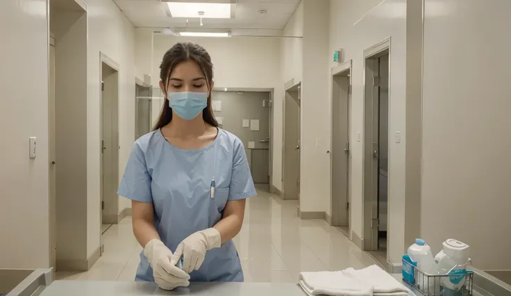 A hospital scene highlighting cleaning and disinfection practices. Show a gloved hand wiping a flat surface with a disposable wipe or spraying disinfectant. Include cleaning supplies, such as labeled bottles and towels, arranged nearby. The background shou...