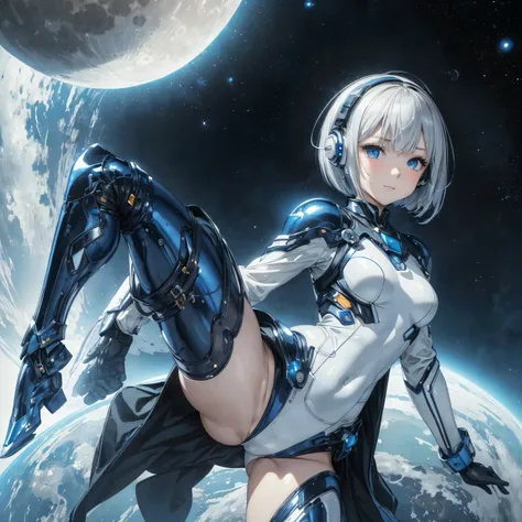 (masterpiece、 top quality 、 highest resolution、 clear_image、 Detailed Details): (Whole body、A 20 year old girl、Japanese Faces、 small face、 slender、 dark blue super short bob cut hair、(Hidden small breasts:1.3)、 Sparkling Blue Eyes 、Shiny pilot suit in whit...