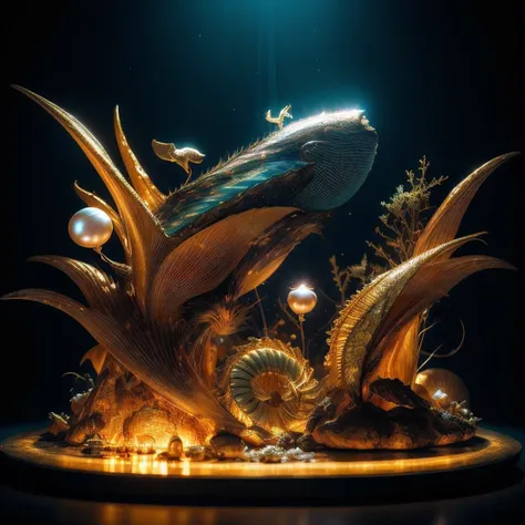 Fire, mercury, pearls, nautilus, gold mines，Stereo equidistance，starlights，Dingdall effect，Light and shadow intensification，3D modeling，Four-dimensional model，Virtual Engine，rendering，Studio lighting，The light shines，Fantasy atmosphere，vibrant with colors，...