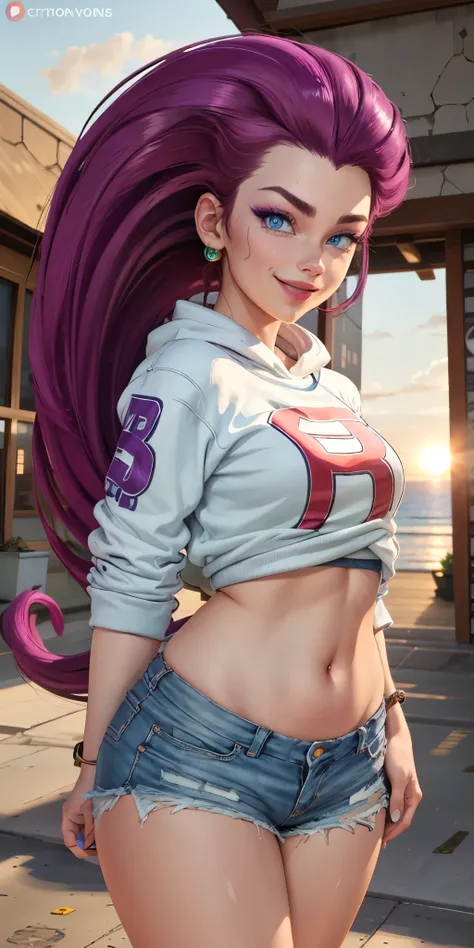 (masterpiece, best quality, absurd), exterior, sunset, EPpk Jessie, long hair, slicked back hair, purple hair, blue eyes, smile, thick thighs, shorts, sweatshirt, belly