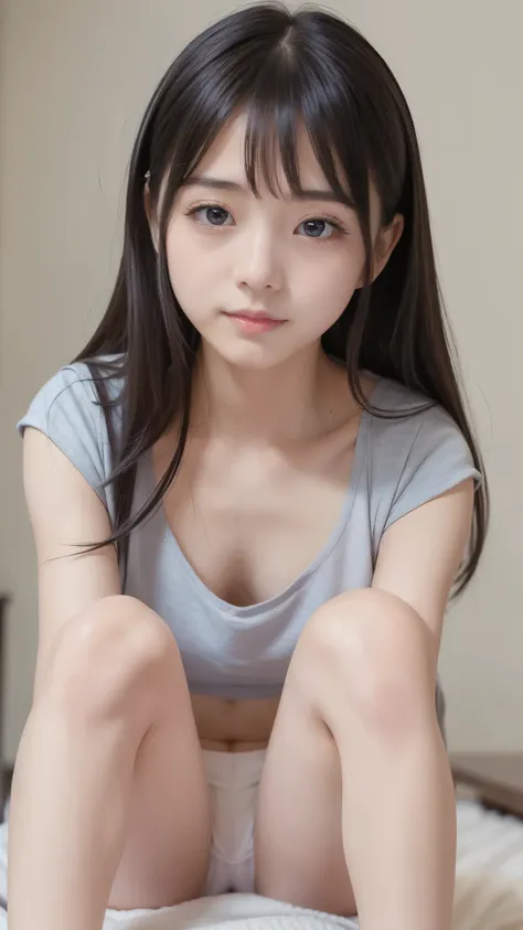 (Show the female genitals to the camera), Meeting Room, clothing,  white blouse, Grey hot pants,  small breasts, slender,  small butt,  Japanese ,  1 girl, 18 years old, ((Estrus season)),  ideal body proportions,  black hair, With bangs,  small breasts,  ...