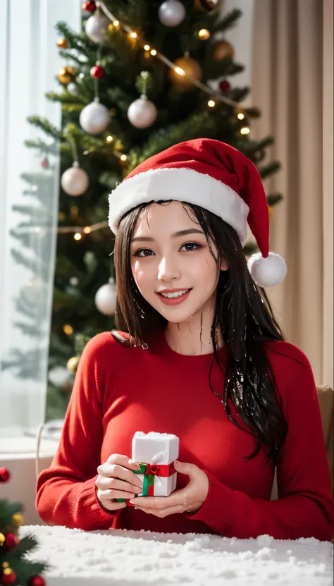 ( 1 girl:1.3), ( very cute,  amazing face and eyes), Alone, ((( realistic , hyperrealistic Santa hat))), (((Cum Wet Christmas ,  long hair, ,  Long Sleeve ,  red sweater , smile, Christmas tree))), scenery, place,  window, Sofa, table, indoor, cityscape,  ...