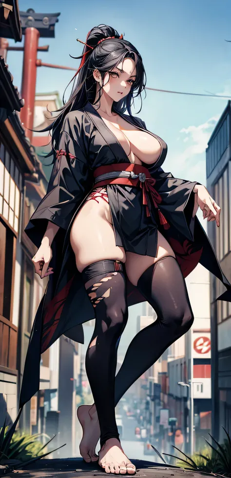 full body，whole body， a Japanese ninja dressed as a guitarist，A guitarist in a kimono ， tattered kimono ，barefoot，belt， Japanese ninja dressed as VENOM on a hill in the center of the city ， Sexy Body，big natural breasts，fleshy thighs，busty body，perfect bod...