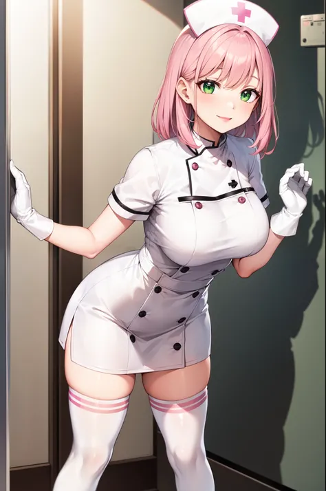 1woman, solo, nurse, white nurse cap, white nurse uniform, ((white legwear, zettai ryouiki)), white gloves, pink hair, green eyes, drooping eyes, pink lips, smile, standing, ((hospital room)), sharp outline, short sleeves, mature female, 32yo, best quality...