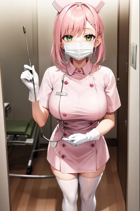 1woman, solo, nurse, white nurse cap, white nurse uniform, ((white legwear, zettai ryouiki)), white gloves, pink hair, green eyes, drooping eyes, ((white surgical mask, covered nose)), standing, ((hospital room)), sharp outline, short sleeves, mature femal...