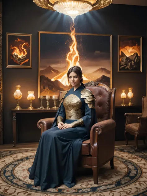 girl, intricate ornate rune-etched armor, ethereal glow, dark robe, shadow mist, soft sofa that looks like a molten magma, cozy vibes, black table made of rock, painting of volcano on the wall, room is dark, rich vibes, edo period furniture, goddess of wis...