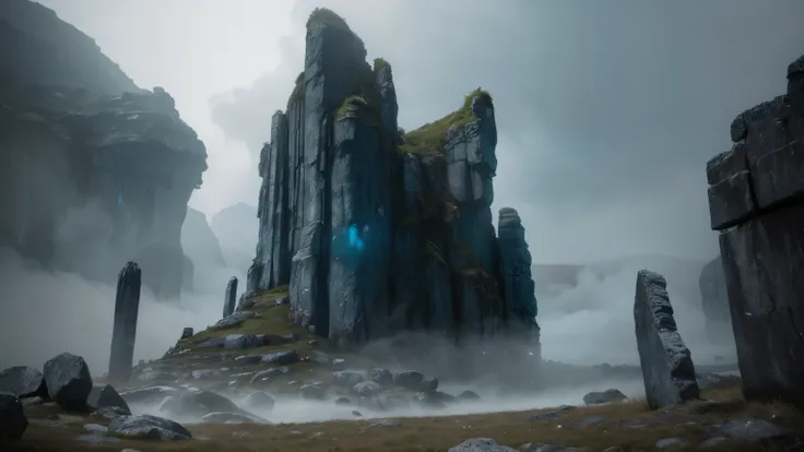 A mystical adventure scene in a cinematic, ultra-realistic style. The environment features towering, sharp, and jagged stone formations that rise dramatically from the ground, surrounded by mist and a mysterious atmosphere. The stones are ancient, weathere...