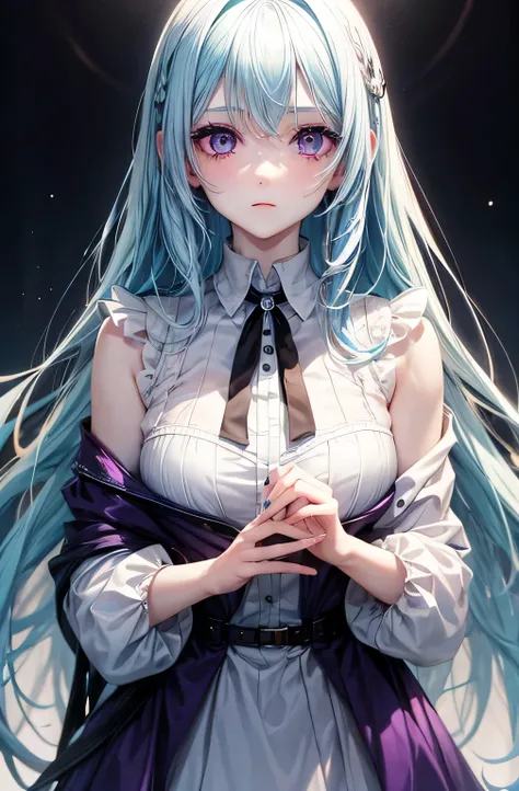 1girl, light blue hair, purple eyes, pale skin 