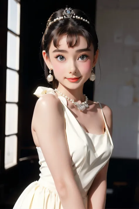(((audrey hepburn))), black hair, (((18 years old))), (((1940s))), (photoshoot), (Fujifilm XT3 Viltrox), posing, instagram, happy smile, stand up, ((1940s)), (ultradetailed), sharp focus, elegant, jewels, very detailed urban background, bright sunny sky,...