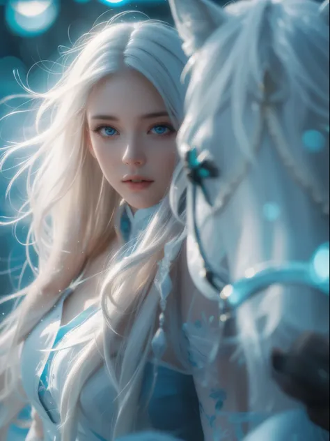 beautiful, young woman, in the crystal and ice area, fluttering snow, horse riding, a white hourse, gradient hair, white hair, blue hair, long hair, eye reflection, disdain, ray tracing, reflection light, blurry, glowing light, depth of field, chiaroscuro,...