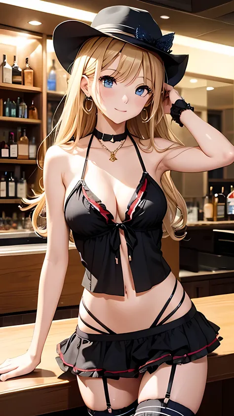 masterpiece, super high resolution 、 top quality 、 sexy poses 、 dimly lit night bar background、 blondes、 tie my hair at the back:1.2,  blue eyes, smile、 tilting your head 、 large gold earrings and necklace :1.5,、 MODEL WALKING、 small breasts、The body is ve...