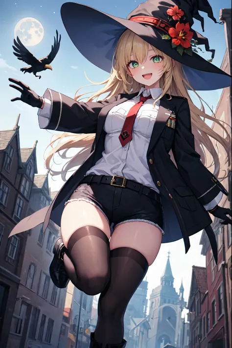 best quality, integrated scenery, integrated background, extremely delicate and beautiful, meticulous details, good composition, , cute face, perfect face, perfect hands,masterpiece, best quality, witch hat, black gloves, thighhighs, looking at viewer, smi...