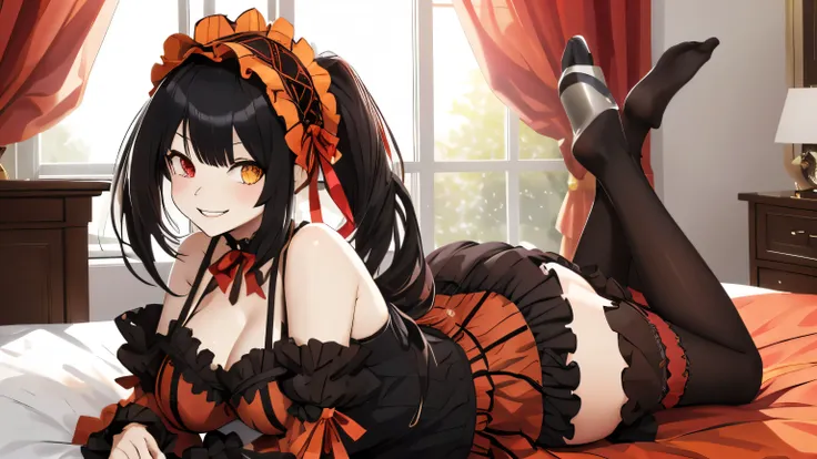  main part , highest quality, maximum,  1girl, vacuum cleaner,  long hair,  Double tails ,  hairband, Heterochromia,  medium chest , Stratification,  black boa ,  red ribbon ,  naked shoulders , lo gothic ,  red dress, red bow,  selected manga , red skirt,...