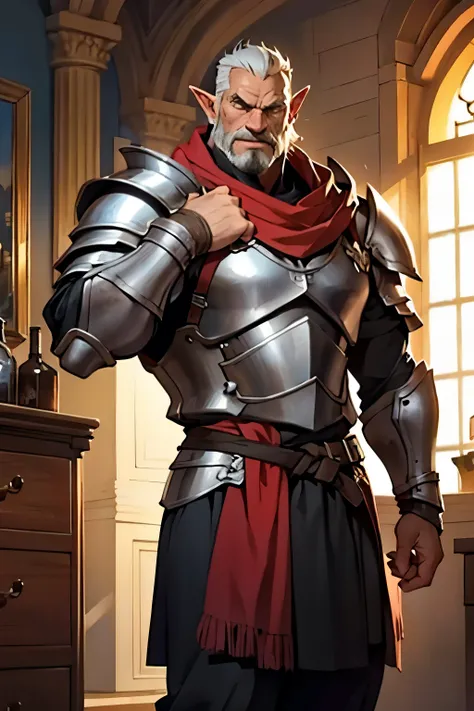 Muscular middle-aged mature orc man of king, point of view shot, in a knight armor, stands in king room, masterpiece.