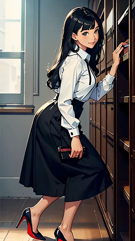    ((masterpiece, high resolution, better quality, better details)), ((Smiling)), ((one girl)) a girl organizing documents on a bookshelf, full body, wearing a maxi skirt, long skirt, ((long skirt without openings)), paired with a tucked-in blouse, ((Loubo...