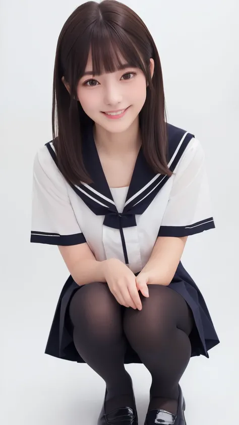 White Sailor Suit、(( Hides below the knee with a navy blue tight skirt))、((( black pantyhose with middle finger of left hand)))、(( black loafers))、((A full-body photo of a crouching figure looking down to the feet))、Cute high school girls、Height: 160cm、 sm...