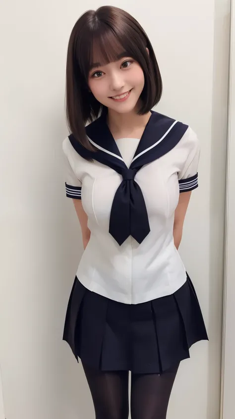 White Sailor Suit、(( Hides below the knee with a navy blue tight skirt))、((( black pantyhose with middle finger of left hand)))、(( black loafers))、(( full body photo of a standing figure showing all the way to the feet))、Cute high school girls、Height: 160c...