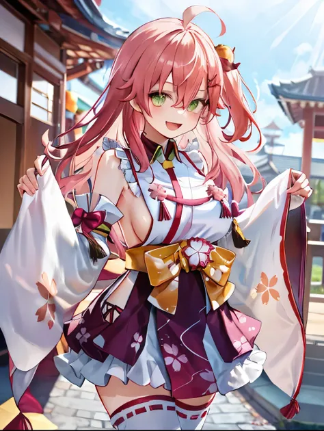 masterpiece, best quality, highres, miko1, sakura_miko, 1girl, big_boobs, solo, ahoge, x_hair_ornament, light_red_hair, floral print, hairclip,(side_less_clothes:1.5), (side_boobs:1.5), hair_bell, floral print, long_hair, hair between eyes, one side up, wh...