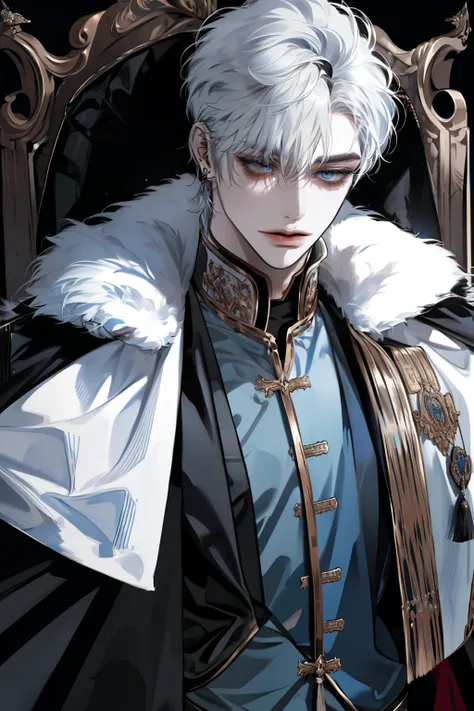 boy,  Wolf cut hairstyle ,   white hair,  She is wearing a student uniform due to her sharp appearance,   white skin ,  frontal , (( black royal uniform , fur cape )),  black gloves  , earring,   blue eyes