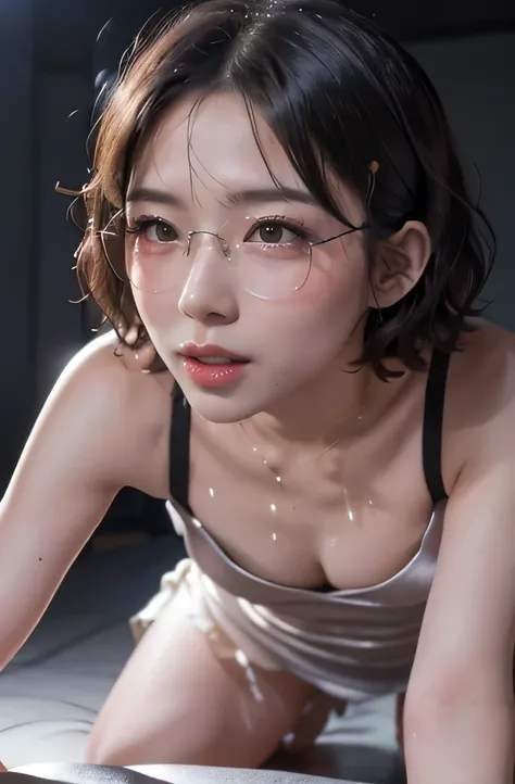 (((1curly  short hair girl:1.3, alone))),  very cute and beautiful Japanese woman wearing glasses,  centered image :1.3, ( Sexy Model ),  (22 years old: 1.1), Precious Special Bitch Hentai Porn Scene ,  Her Highlighted Feelings 、 express all of her accentu...