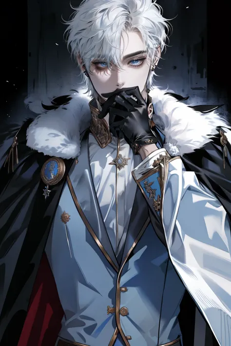 boy,  Wolf cut hairstyle ,   white hair,  She is wearing a student uniform due to her sharp appearance,   white skin ,  frontal , (( black royal uniform , fur cape )),  black gloves  , earring,   blue eyes