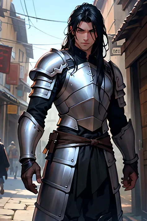 man, merchant, light leather armor, long black hair 