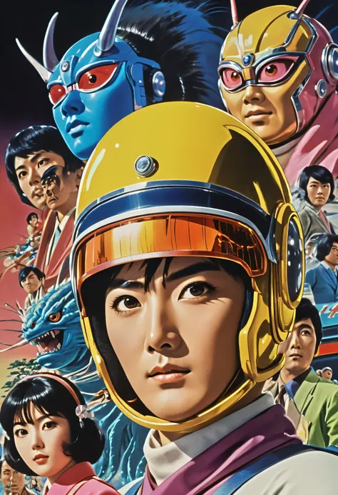 Manga characters, 1970s comic art , 1970s Japanese TV show monster, detailed Digital Paint, bright color, dynamic composition , Dramatic lighting, vintage aesthetics , ( top quality,4K,8k, high definition ,masterpiece:1...