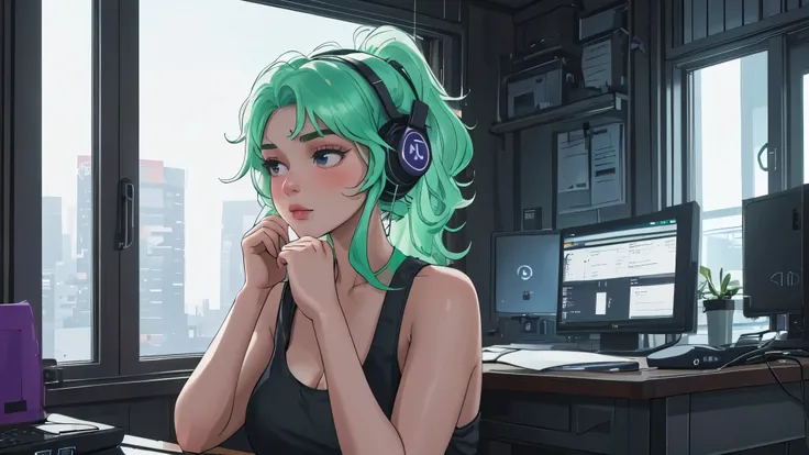 "A woman with a well-endowed figure, sitting at a modern desk with her hands poised over the keyboard, actively typing lines of code on the glowing computer screen. Her expression is one of intense concentration, her brows slightly furrowed as she focuses ...