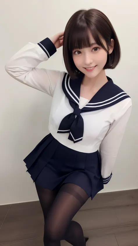 White Sailor Suit、((The collar of the sailor suit is white ))、(( Hides below the knee with a navy blue tight skirt))、((( black pantyhose with middle finger of left hand)))、(( black loafers))、(( full body photo of a standing figure showing all the way to th...