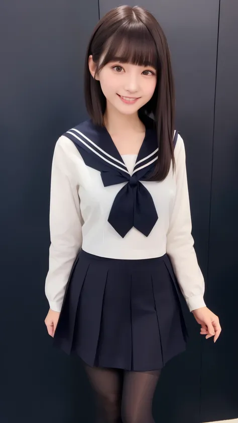 White Sailor Suit、(( Hides below the knee with a navy blue tight skirt))、((( black pantyhose with middle finger of left hand)))、(( black loafers))、(( full body photo of a standing figure showing all the way to the feet))、Cute high school girls、Height: 160c...