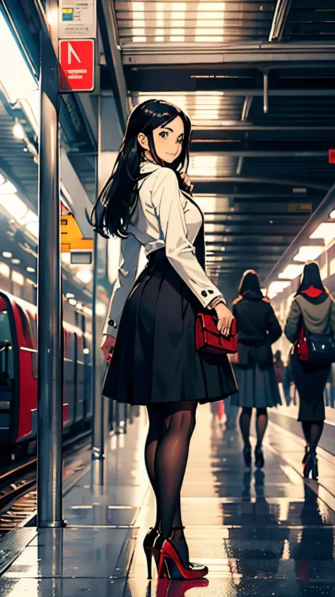    ((masterpiece, high resolution, better quality, better details)), ((Smiling)), ((one girl)) a girl standing at a train station platform, full body, wearing a long wool coat over a long A-line skirt and a scarf, ((long skirt without openings)), ((Loubout...