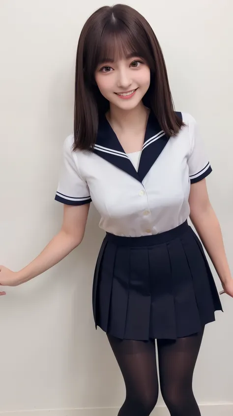  white short sleeve sailor suit、(( Hides below the knee with a navy blue tight skirt))、((( black pantyhose with middle finger of left hand)))、(( black loafers))、(( full body photo of a standing figure showing all the way to the feet))、Cute high school girl...