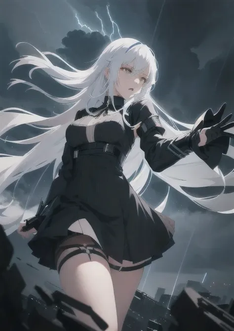 anime girl wearing a black and blue dress, anime the chest up illustration, from girls frontline, perfect white haired girl, 30 - year - old anime goth girl, pretty anime character design,A powerful warrior screaming in rage under a stormy sky, lightning i...