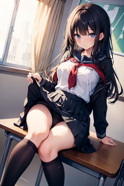 (nsfw:0.7)  1 Female High School Student Uniform Knee High Socks (classroom:1.2) The black lace pants are standing ( Lift Your Skirt :1.5)  embarrassed expression ( semen:1.2) 