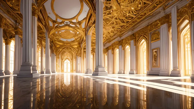 masterpiece, best quality, 8K, Impressive camera. The room was filled with white light, Reflected on the golden decorated walls, Create a magical and enchanting atmosphere.