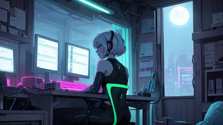 "A woman with a well-endowed figure, sitting at a modern desk with her hands poised over the keyboard, actively typing lines of code on the glowing computer screen. Her expression is one of intense concentration, her brows slightly furrowed as she focuses ...