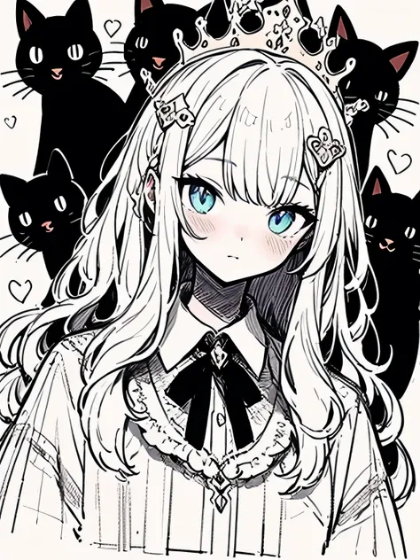 Black cat with a crown on head,(manga style),(sketch),(illustration),