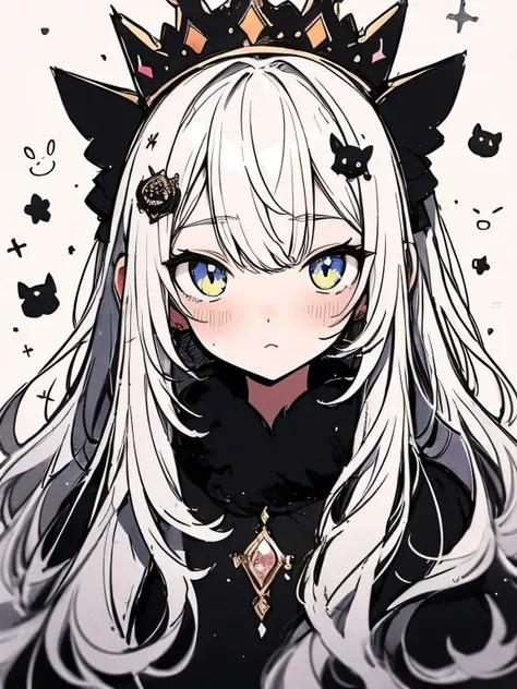 Black cat with a crown on head,(manga style),(sketch),(illustration),