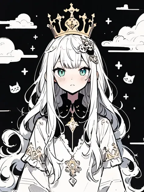 Black cat with a crown on head,(manga style),(sketch),(illustration),