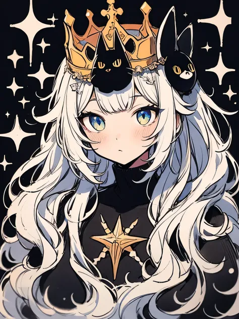 Black cat with a crown on head,(manga style),(sketch),(illustration),