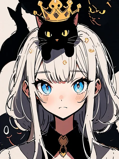 Black cat with a crown on head,(manga style),(sketch),(illustration),