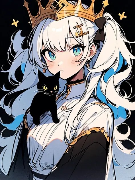 Black cat with a crown on head,(manga style),(sketch),(illustration),