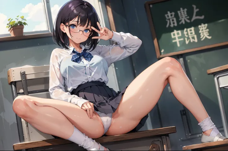 ​masterpiece、 best quality、 Details、 Female 1 person 、  blue eyes 、 dark-haired、 short hair、blouse、 pleated skirt、Colossal 、‎Classroom、blouse unbuttoned、Peace sign with hand、With a thick waist、Sit on a desk with your legs apart、 bend your knees and spread ...