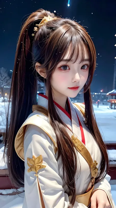 (1 Japanese girl), (brown hair), (long hair), (tied into a ponytail), (medium chest), (bust F SIZE), (Heaven Priest dress), (falling snow powder), (starry sky background) )),Chu Yu,Yun Yun, staff, crystal staff, close up, 