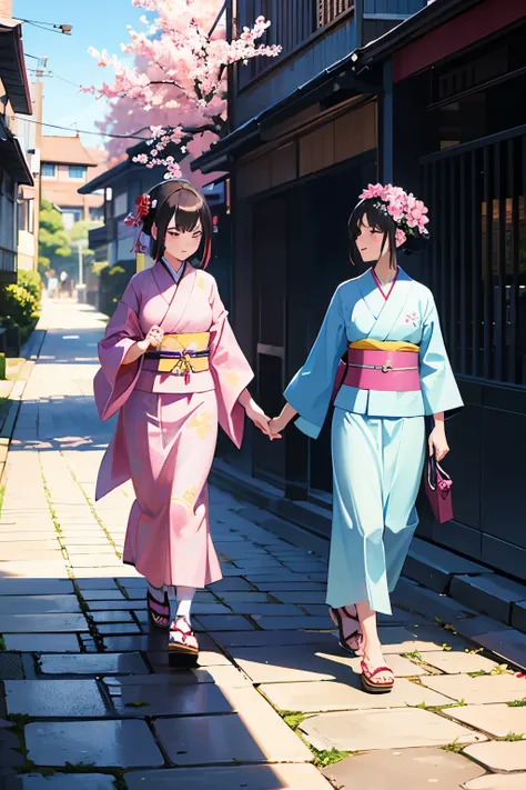 Maiko,Two people,One persons kimono has a pink flower pattern , and the other one has a light blue flower pattern,Walking down a cobblestone street,Two peopleとも笑顔, anime style,Fine weather,A cat is walking,whole body