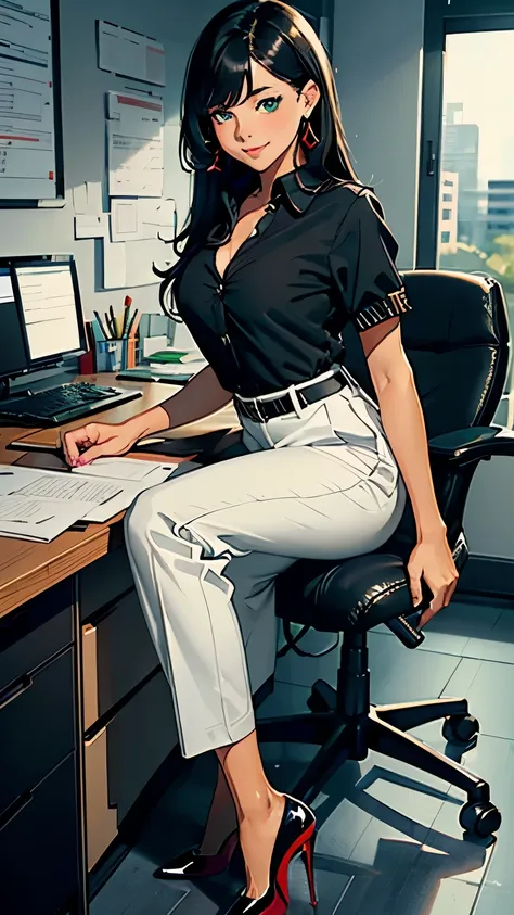 ((masterpiece, high resolution, better quality, better details)), ((Smiling)), ((one girl)) a girl speaking on the phone at a desk, full body, wearing a button-up blouse and wide-leg trousers, ((Louboutin high heels)), green eyes, ((black hair, long hair))...